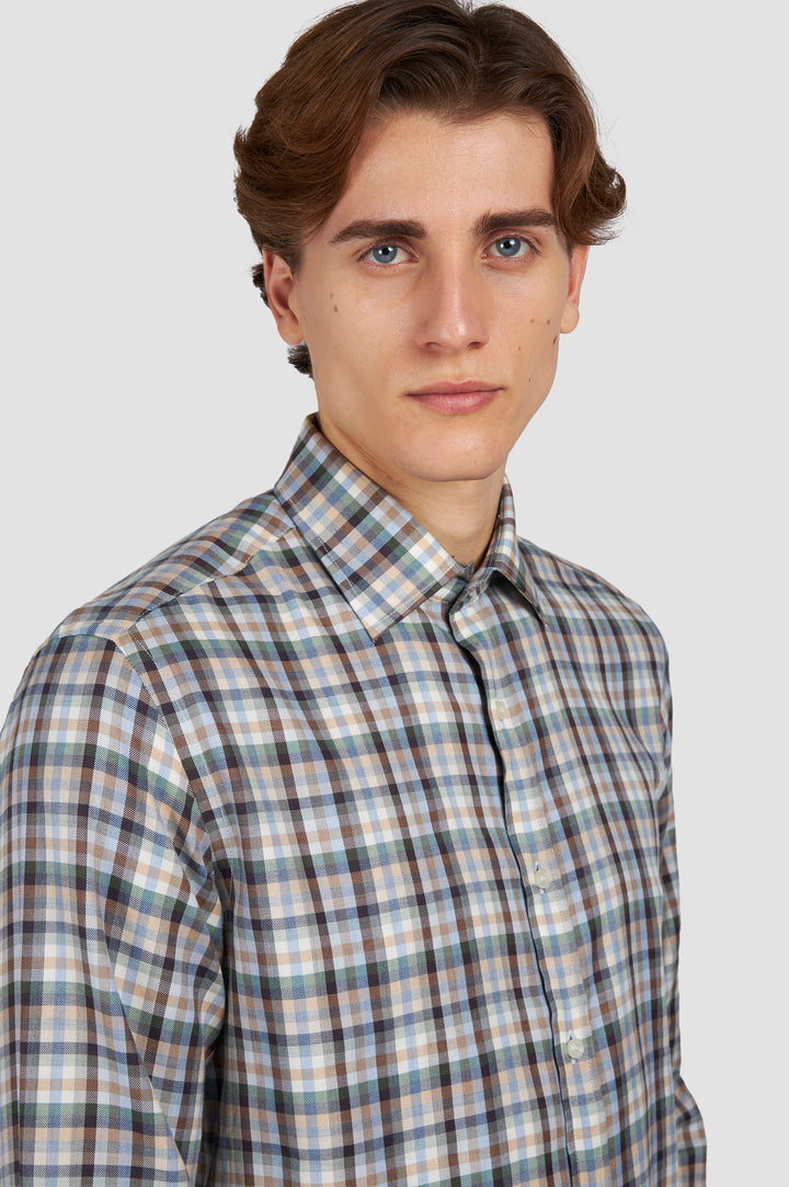 Paul & Shark X-Soft Sport Shirt in Checkered Pattern Tartan Cream Brown Beige Light Blue
