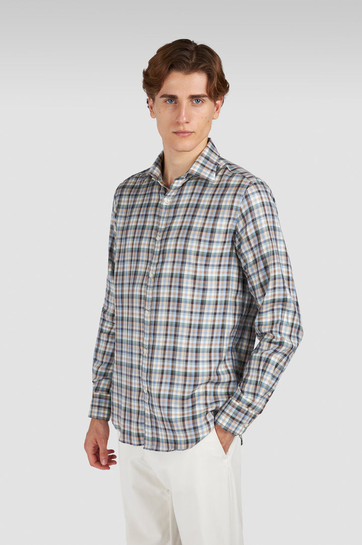 Paul & Shark X-Soft Sport Shirt in Checkered Pattern Tartan Cream Brown Beige Light Blue