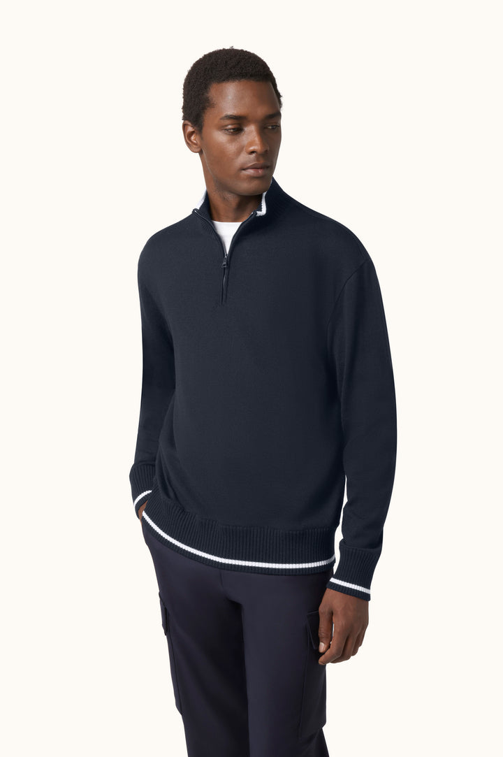 Paul & Shark Half-Zip Sweater with Contrasting Striped Trims in Blue