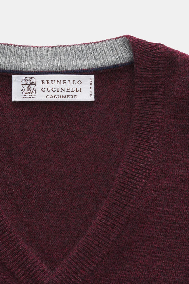 Brunello Cucinelli V-Neck Sweater in Burgundy Grey