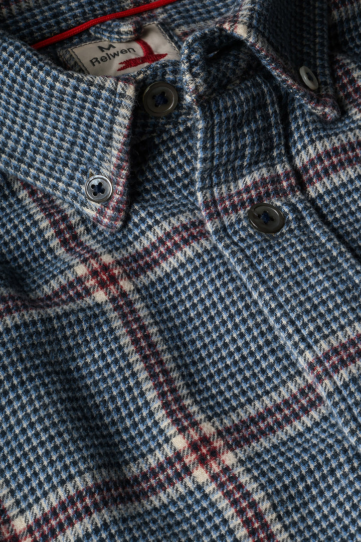 Relwen Chamois-Lined Flannel in Blue Khaki Red Exploded Houndstooth