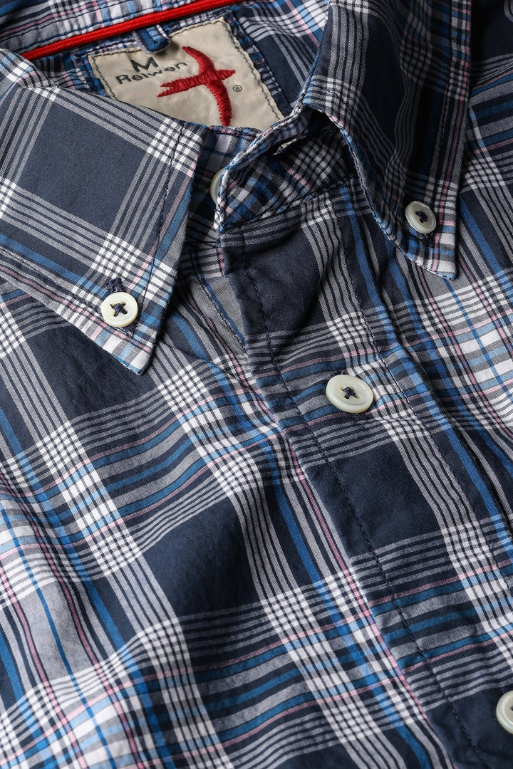 Relwen Broadcloth Plaids Sport Shirt in Midnight White