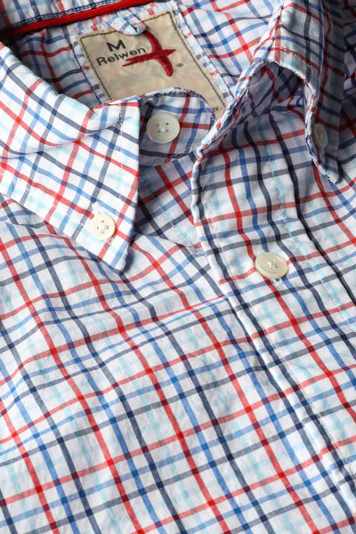 Relwen Graph Plaids Sport Shirt in White Red Blue Tattersall