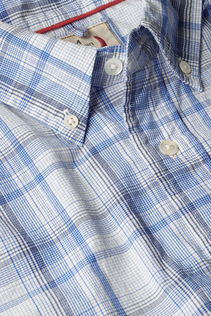 Relwen Half Sleeve Blues Sport Shirt in White Blue Graph Plaid