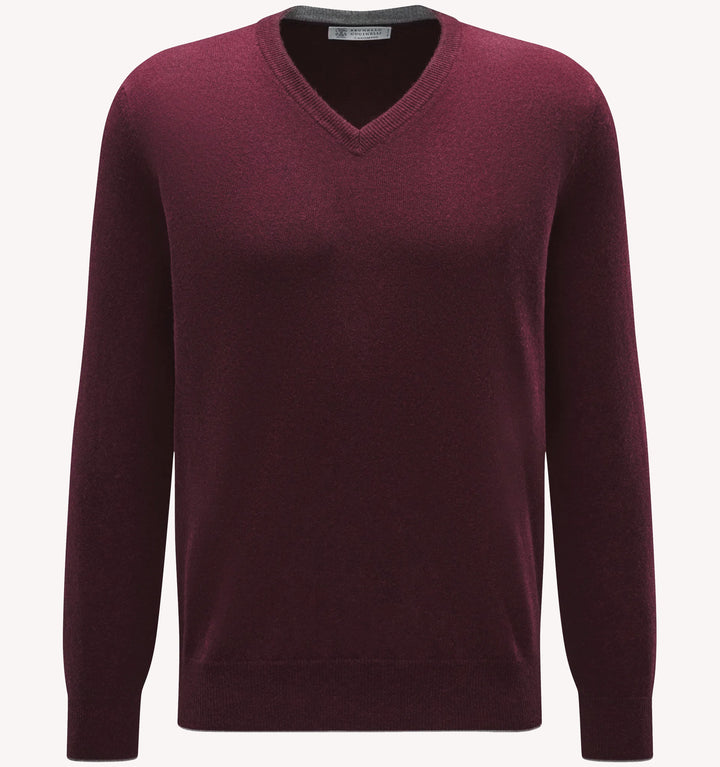 Brunello Cucinelli V-Neck Sweater in Burgundy Grey
