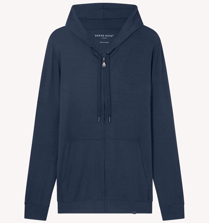 Derek Rose Basel Full Zip Hoodie in Navy Blue