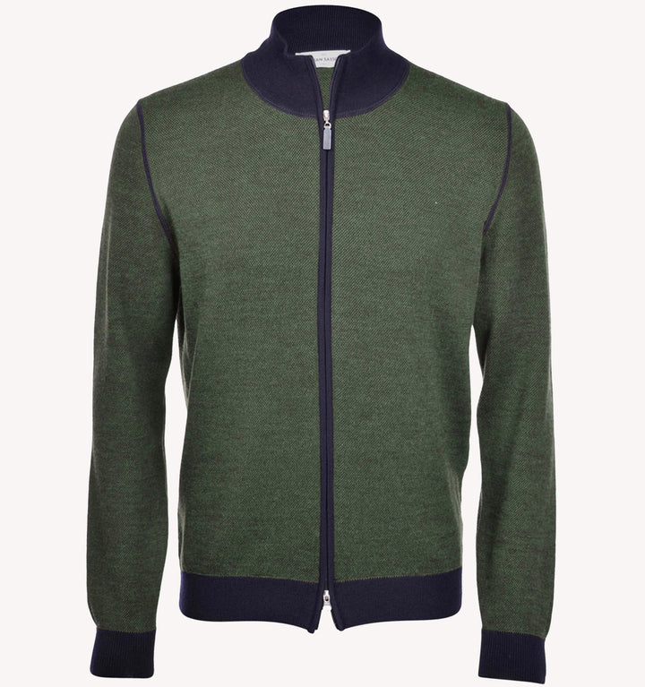 Gran Sasso Salt and Pepper Stitch Full Zip in Green Navy