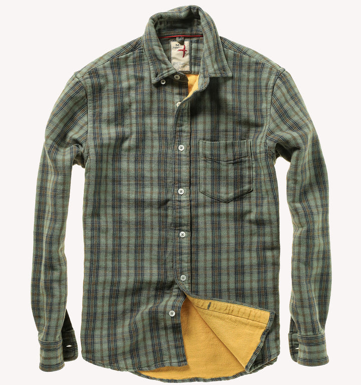 Relwen Chamois Lined Flannel Overshirt in Sage Navy Plaid