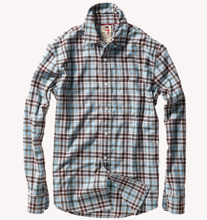 Relwen Flyweight Flannel Sport Shirt in Light Blue Brown Plaid