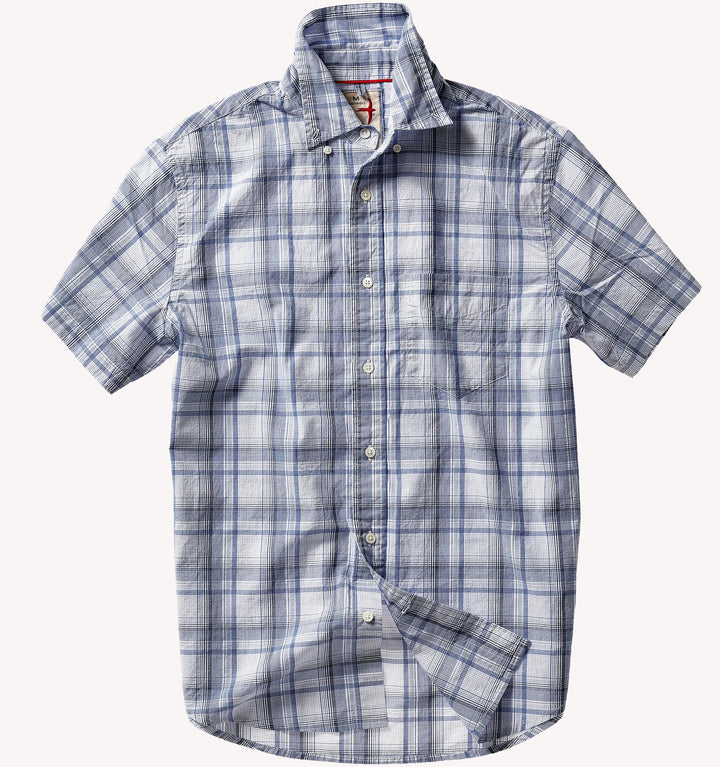 Relwen Half Sleeve Blues Sport Shirt in White Blue Graph Plaid