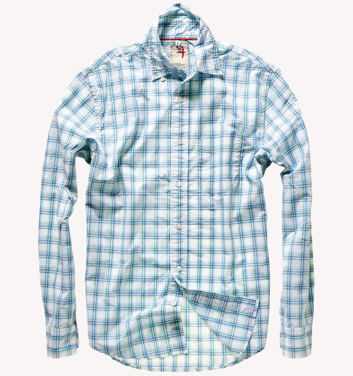 Relwen Broadcloth Plaids Sport Shirt in White Light Blue Green