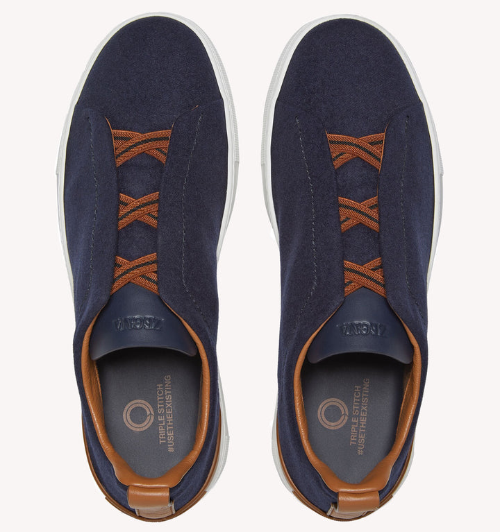 Zegna Triple Stitch Sneaker in Navy Brown