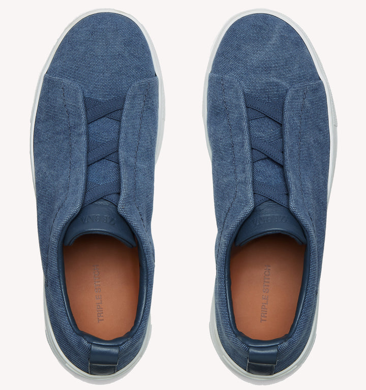 Zegna Triple Stitch Canvas Sneaker in Washed Denim