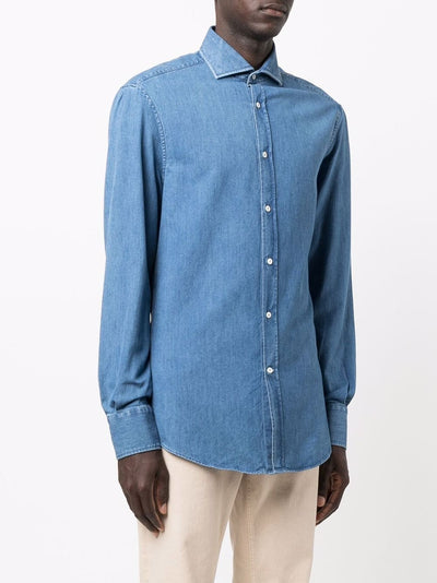 Brunello Cucinelli Long Sleeve Lightweight Denim Shirt in Blue
